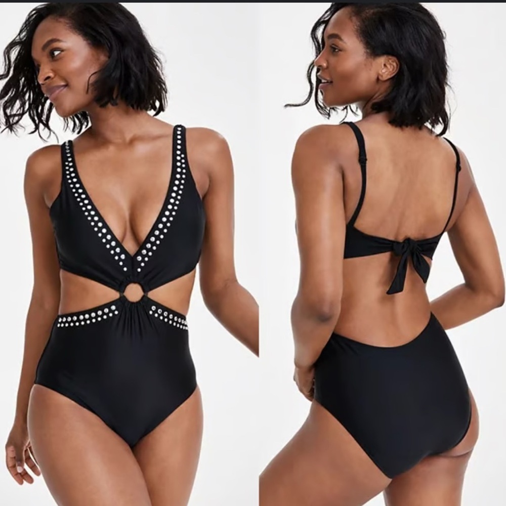 Bar III Black & Silver Studded Cut-Out One-Piece Swimsuit – Size 1X